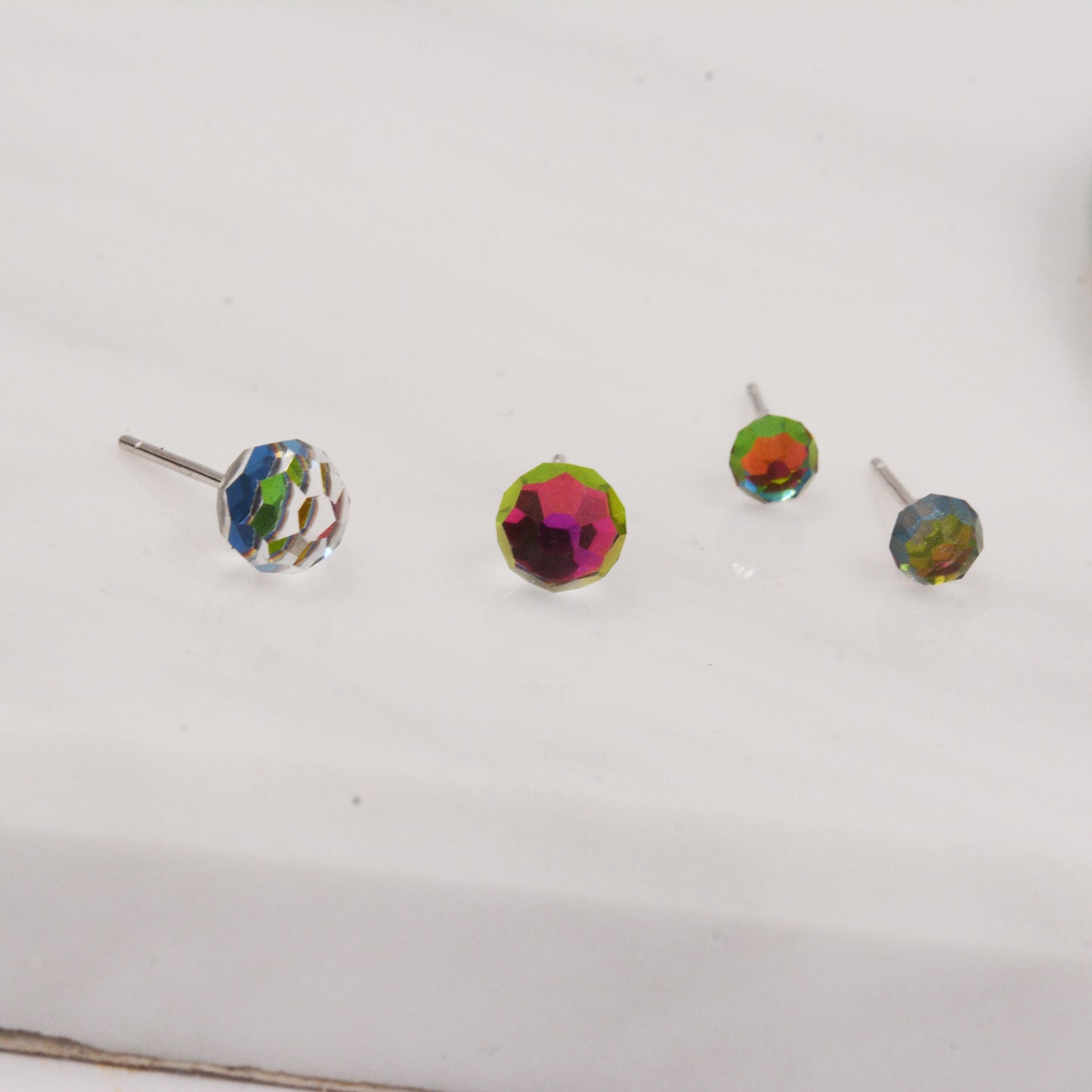 Colour Changing Faceted Ball Stud Earrings in Sterling Silver, Rainbow Colour Spectrum, aurora borealis Stud, Minimalist Ball Stud