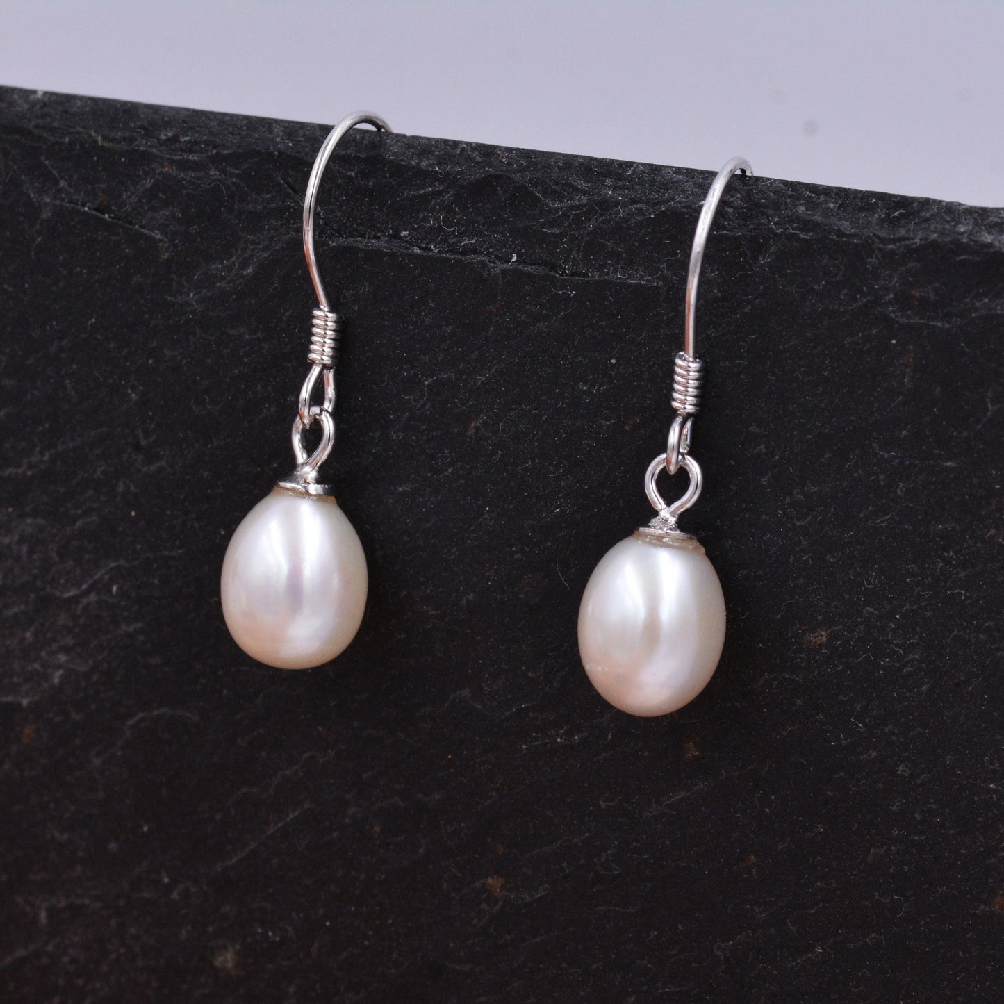 Freshwater Pearl Drop Hook Earrings in Sterling Silver, Genuine Oval Pearls, Real Pearl Drop Earrings