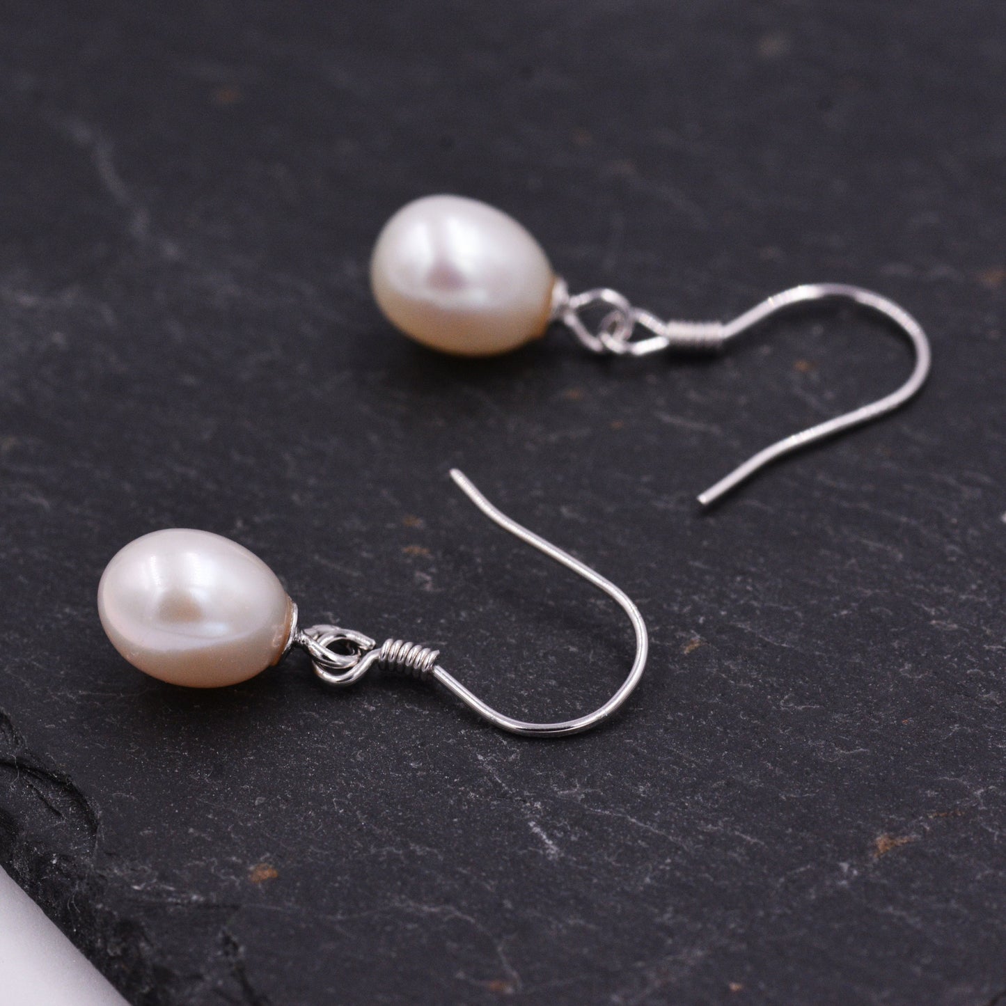 Freshwater Pearl Drop Hook Earrings in Sterling Silver, Genuine Oval Pearls, Real Pearl Drop Earrings