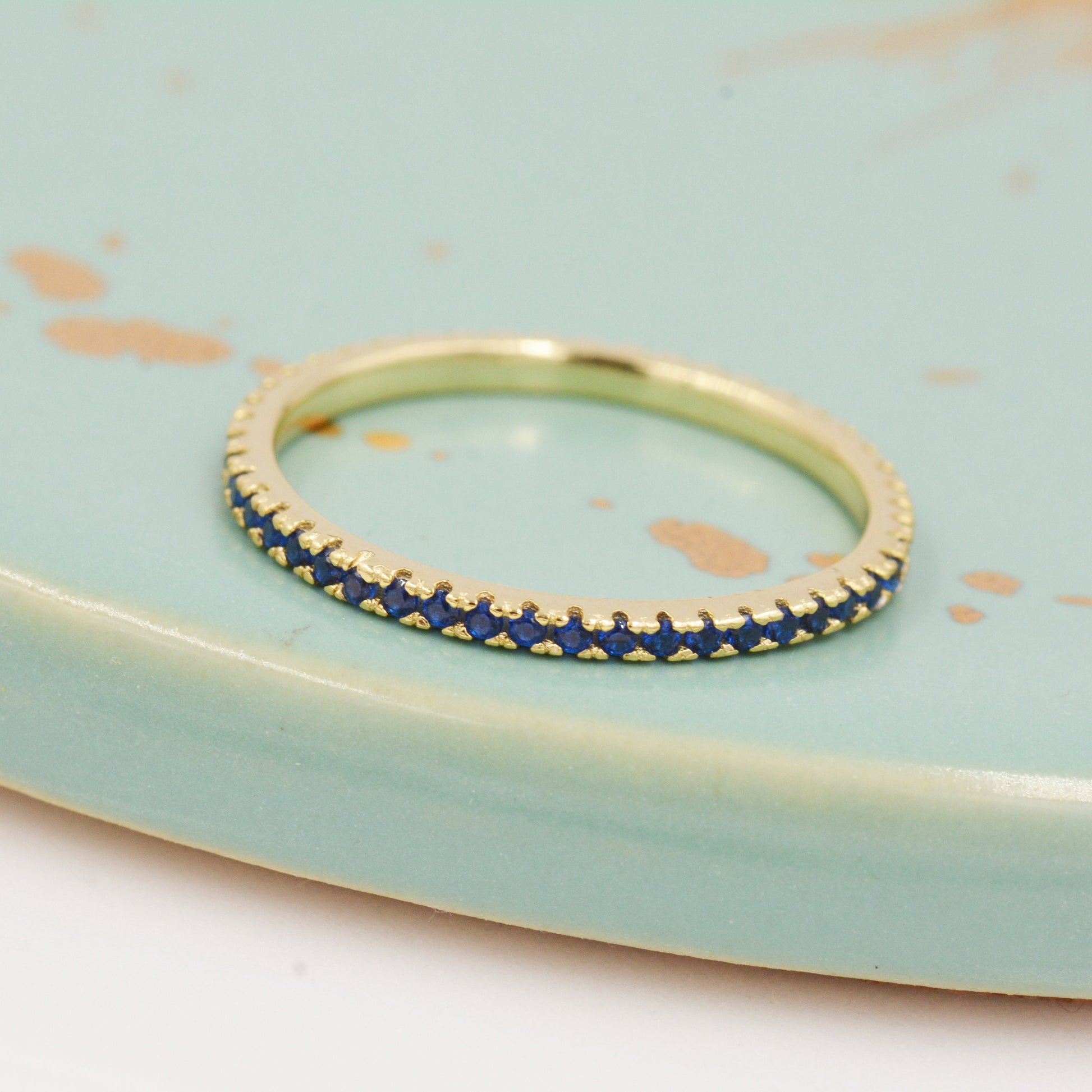 Sapphire Blue CZ Skinny Crystal Band Ring in Sterling Silver, Gold Vermeil Crystal Pave Ring, Stacking Rings, US 5 - 8