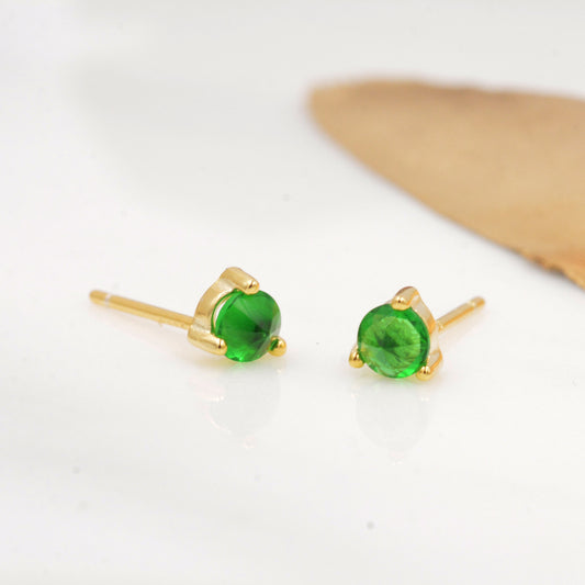 Inverted Emerald Green Crystal Stud Earrings in Sterling Silver, 3mm Three Prong, Gold or Silver, Tiny Stud