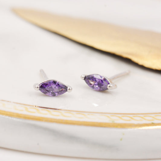 Sterling Silver Amethyst Purple Marquise Stud Earrings, Simulated Amethyst Crystal,  Minimalist Geometric Design