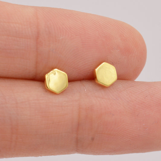 Sterling Silver Hexagon Geometry Stud Earrings, Silver or Gold, Minimalist Geometric Design, Anti-Tarnish Finish