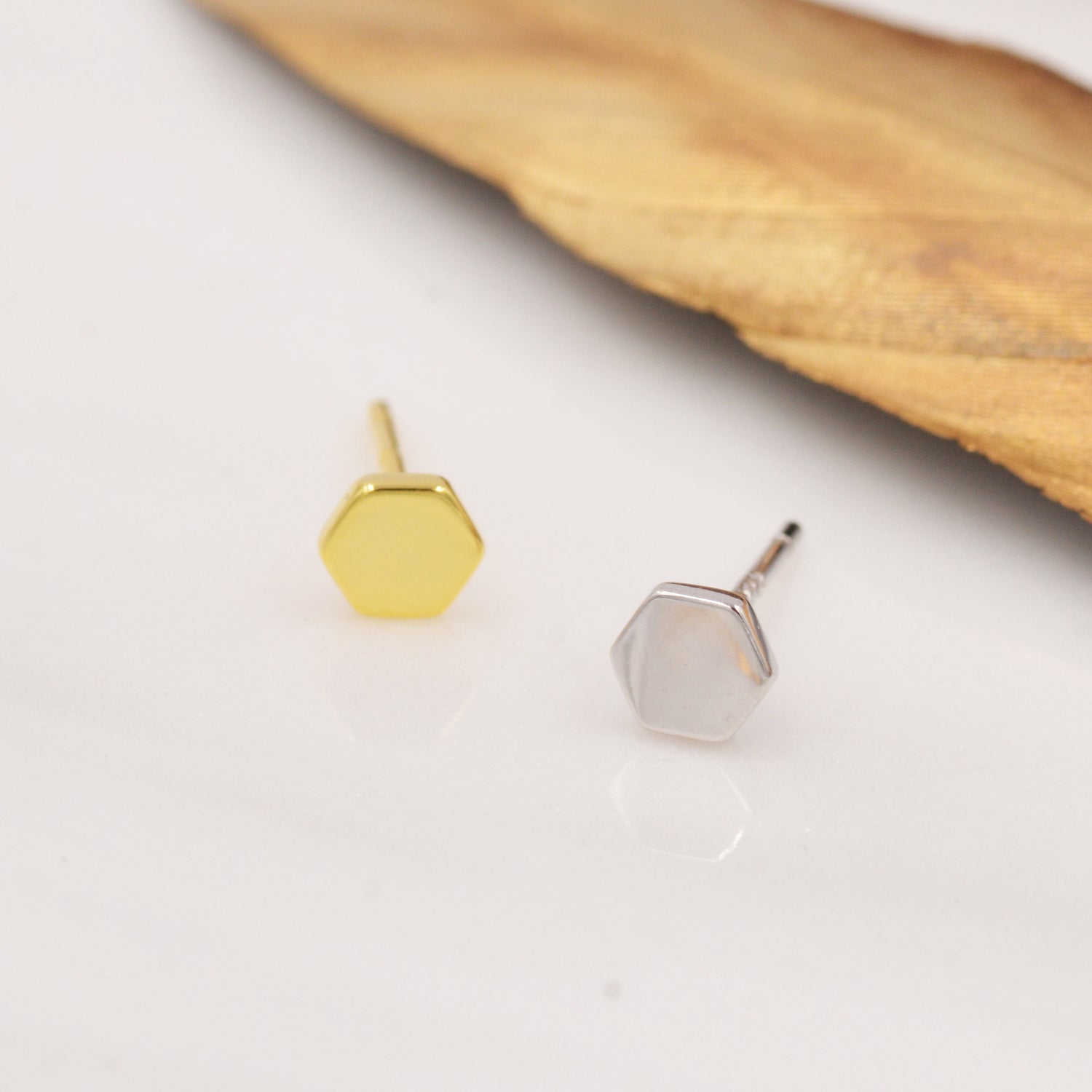 Sterling Silver Hexagon Geometry Stud Earrings, Silver or Gold, Minimalist Geometric Design, Anti-Tarnish Finish