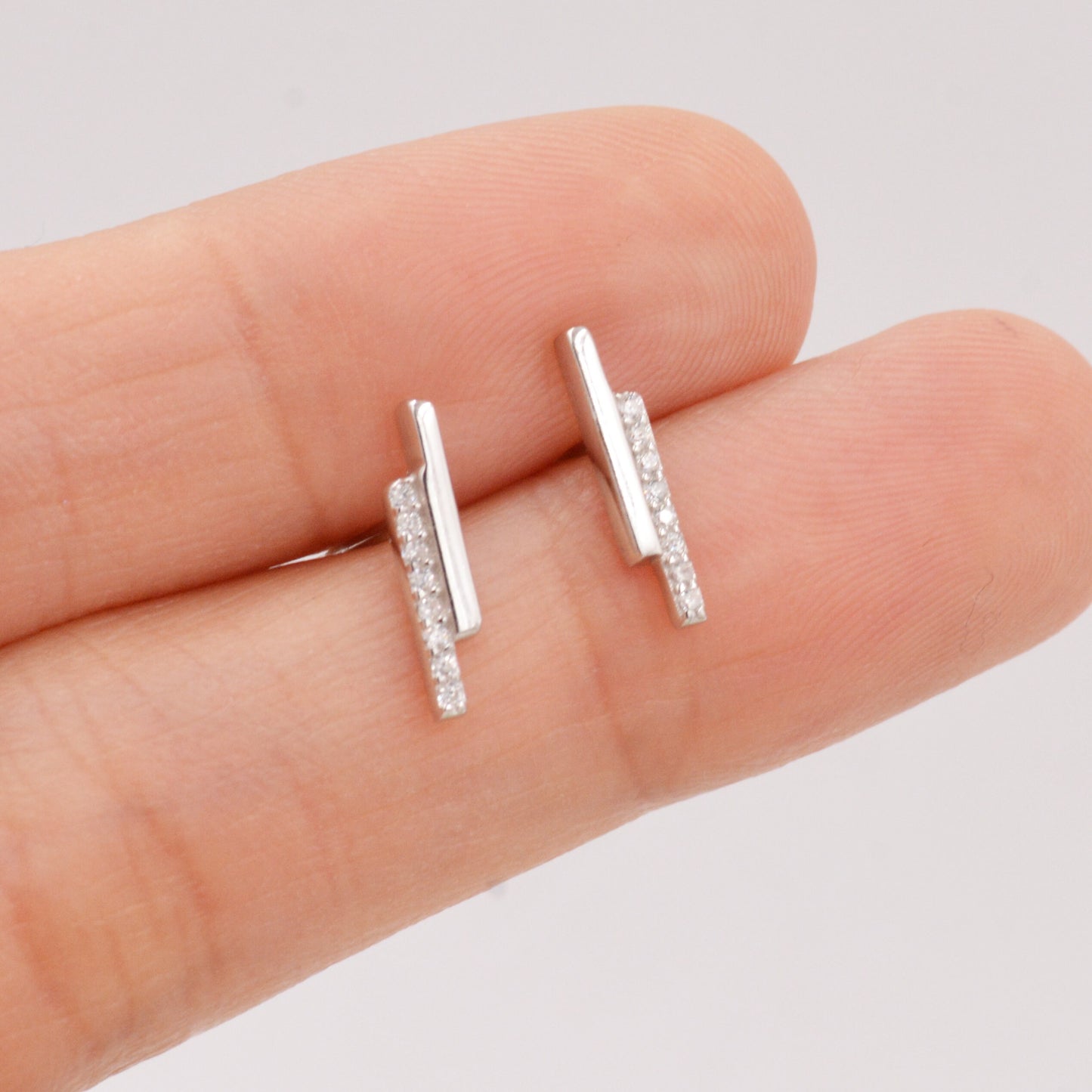 Minimalist Double Bar Stud Earrings with Sparkly Crystals in Sterling Silver, Gold or Silver, Geometric Minimalist Design