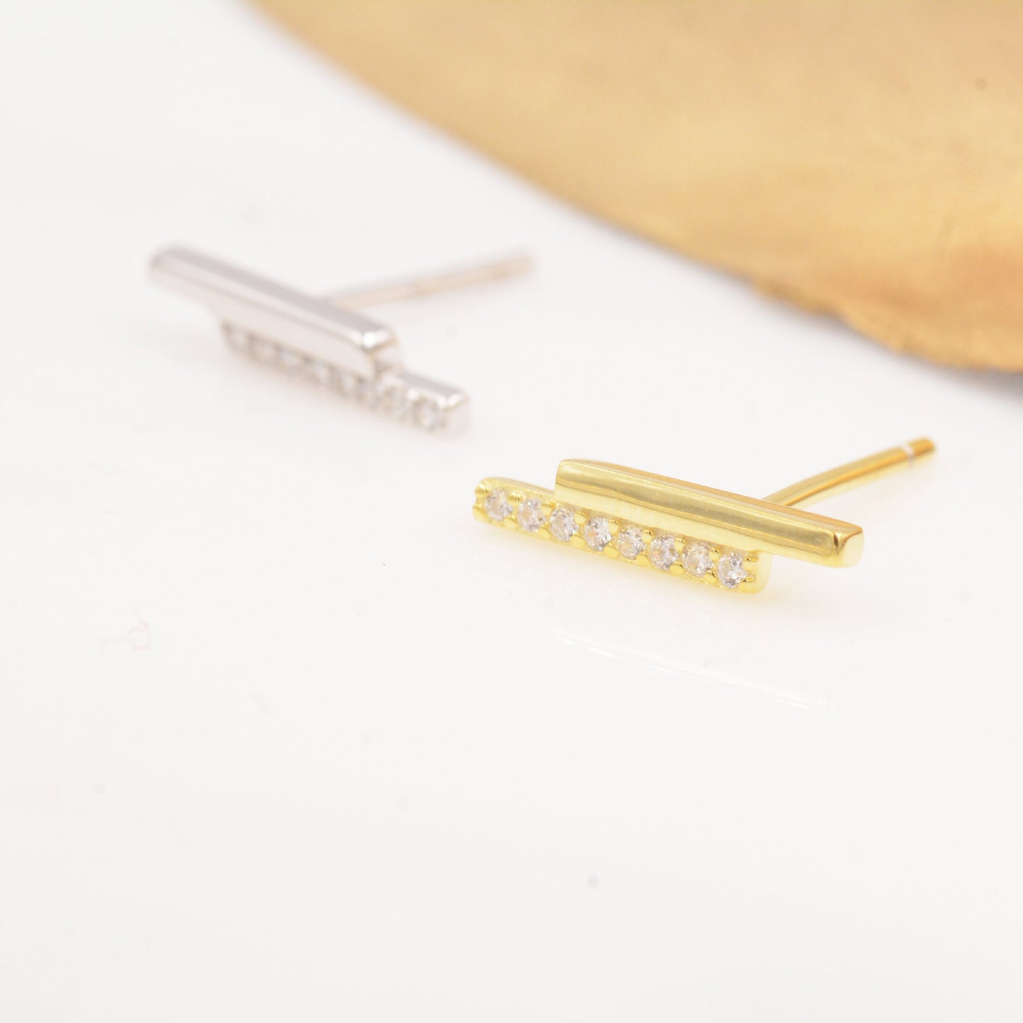 Minimalist Double Bar Stud Earrings with Sparkly Crystals in Sterling Silver, Gold or Silver, Geometric Minimalist Design