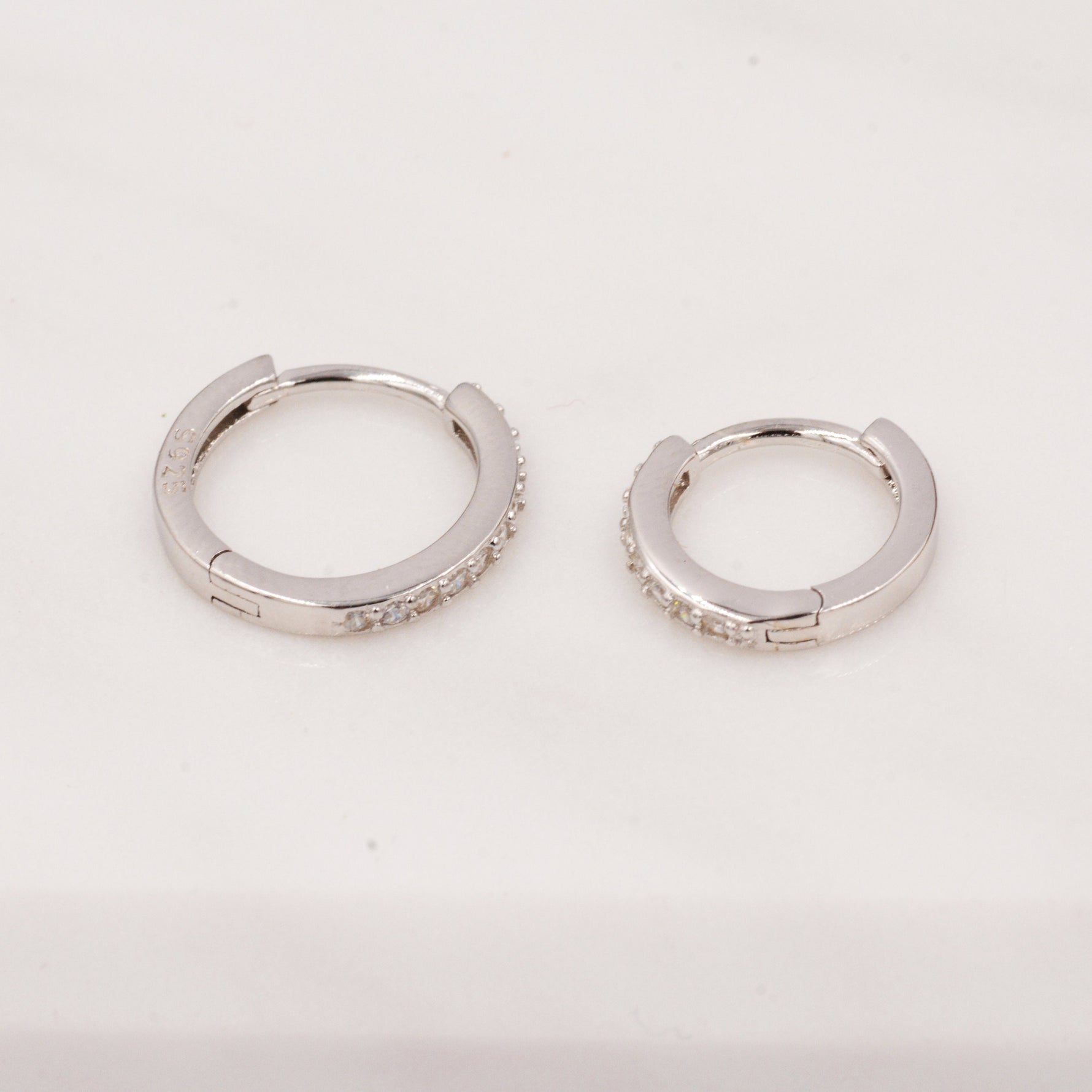 Pair of Minimalist Two-Way Huggie Hoop Earrings in Sterling Silver with Sparkling CZ Crystals, Two Sizes Available, Simple Hoop Earrings