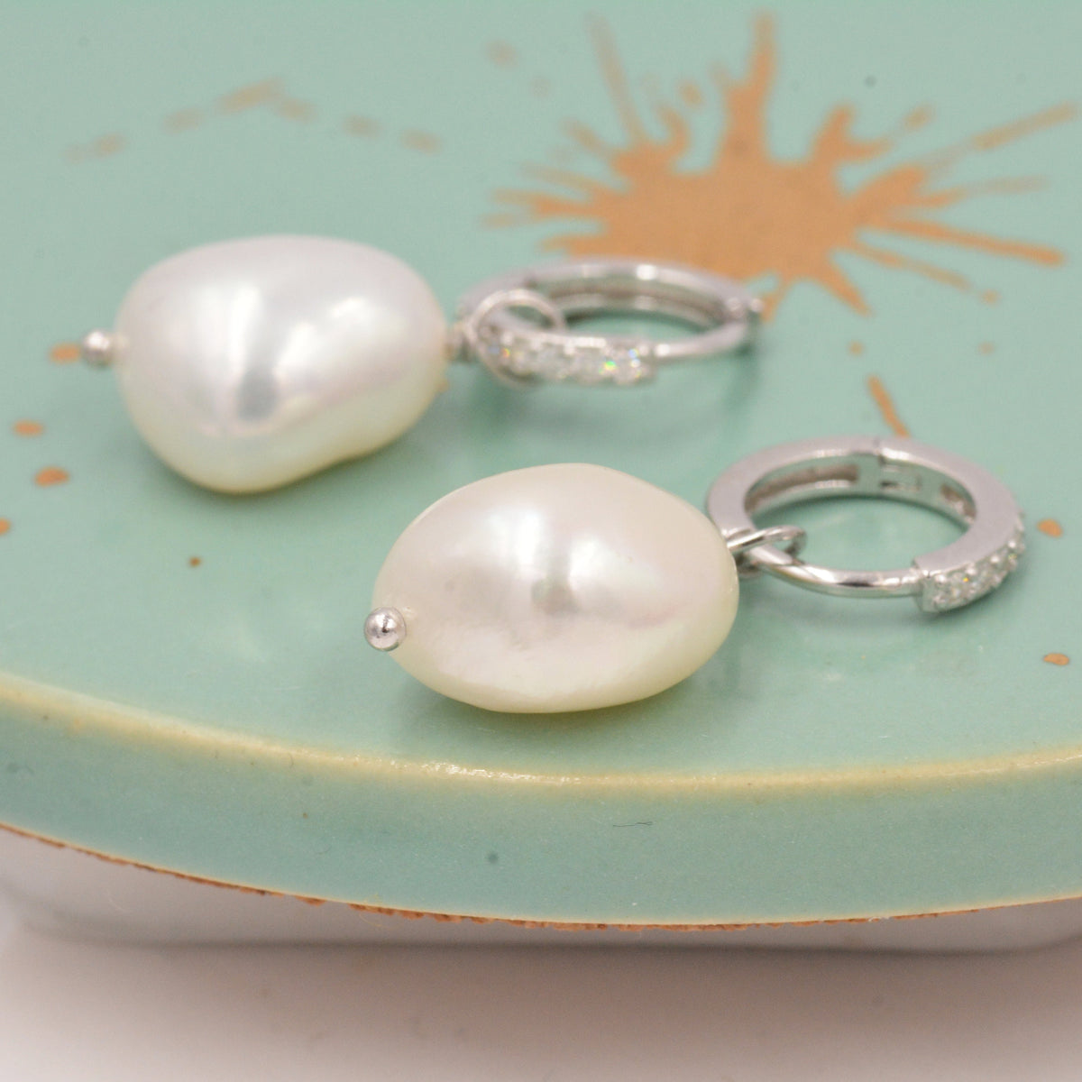 CZ Crystal Huggie Hoop Earrings in Sterling Silver with Detachable Pearl Charms, Genuine Freshwater Baroque Pearls, Real Pearls