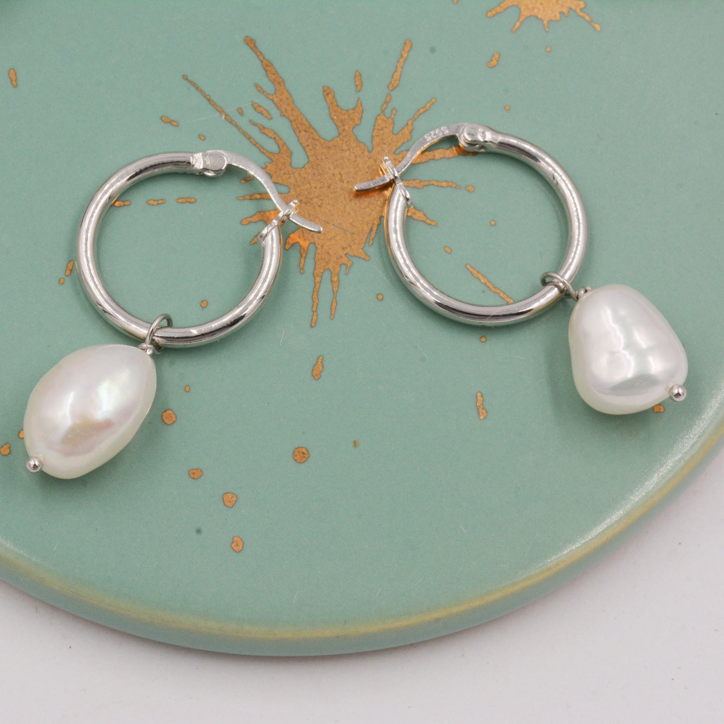 Pair of Plain Huggie Hoop Earrings in Sterling Silver with Detachable Baroque Pearl Charms, Two Sizes Available, Simple Hoop Earrings