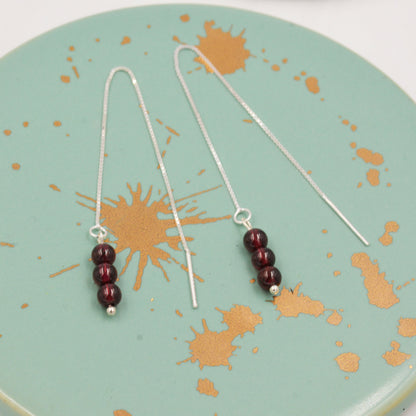 Genuine Garnet Gemstone Ear Threaders in Sterling Silver, Three Beads Threader Earrings, Ear Jacket. Dark Red Garnet Crystals