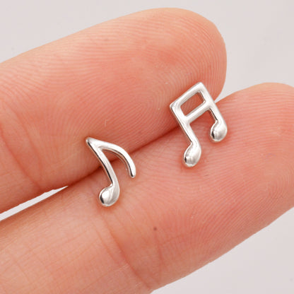Internally Threaded Music Notes Flat Back Earrings in Sterling Silver, Mismatched Music Symbol Stud Earrings, Fun Earrings for Music Lover