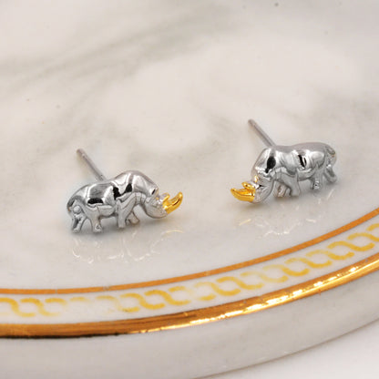 Rhino Stud Earrings in Sterling Silver, Rhinoceros Stud, Safari Earrings, Africa, Nature Inspired, Two Tone Earrings