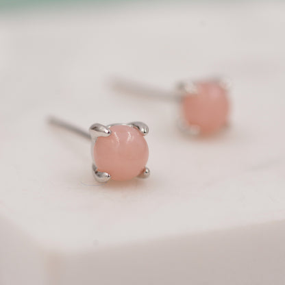 Sterling Silver Pink Opal Tiny Stud Earrings, Genuine Pink Opal Stud, Natural Semi-Precious Gemstones, 4mm, 4 Prongs, Minimalist  Earrings