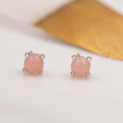 Sterling Silver Pink Opal Tiny Stud Earrings, Genuine Pink Opal Stud, Natural Semi-Precious Gemstones, 4mm, 4 Prongs, Minimalist  Earrings