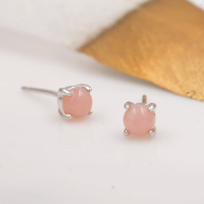 Sterling Silver Pink Opal Tiny Stud Earrings, Genuine Pink Opal Stud, Natural Semi-Precious Gemstones, 4mm, 4 Prongs, Minimalist  Earrings