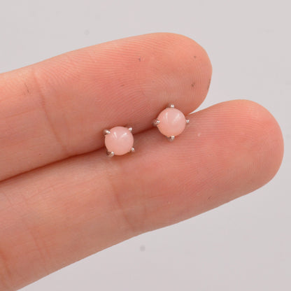 Sterling Silver Pink Opal Tiny Stud Earrings, Genuine Pink Opal Stud, Natural Semi-Precious Gemstones, 4mm, 4 Prongs, Minimalist  Earrings