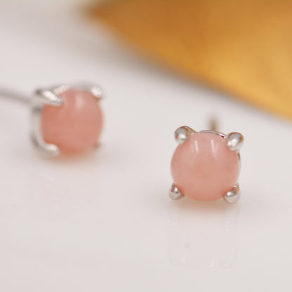 Sterling Silver Pink Opal Tiny Stud Earrings, Genuine Pink Opal Stud, Natural Semi-Precious Gemstones, 4mm, 4 Prongs, Minimalist  Earrings