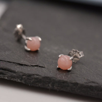 Sterling Silver Pink Opal Tiny Stud Earrings, Genuine Pink Opal Stud, Natural Semi-Precious Gemstones, 4mm, 4 Prongs, Minimalist  Earrings