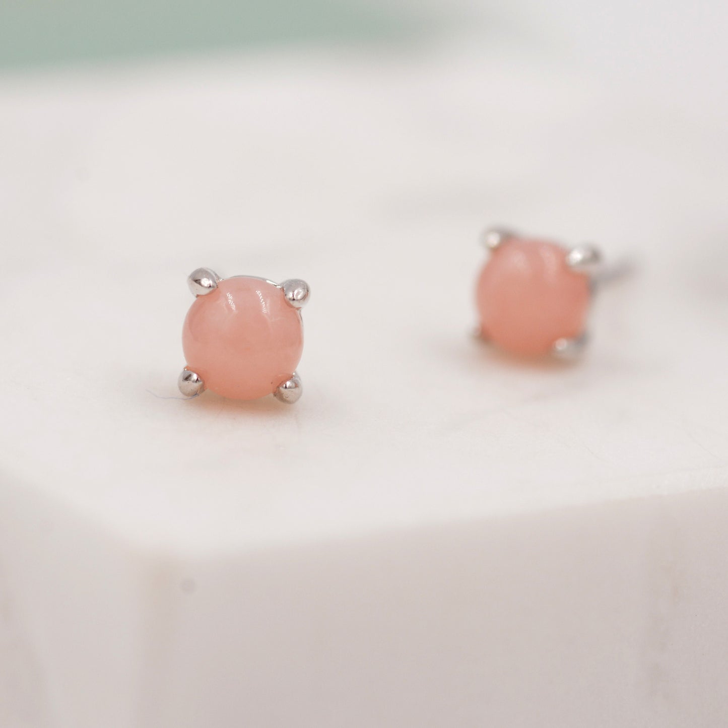 Sterling Silver Pink Opal Tiny Stud Earrings, Genuine Pink Opal Stud, Natural Semi-Precious Gemstones, 4mm, 4 Prongs, Minimalist  Earrings