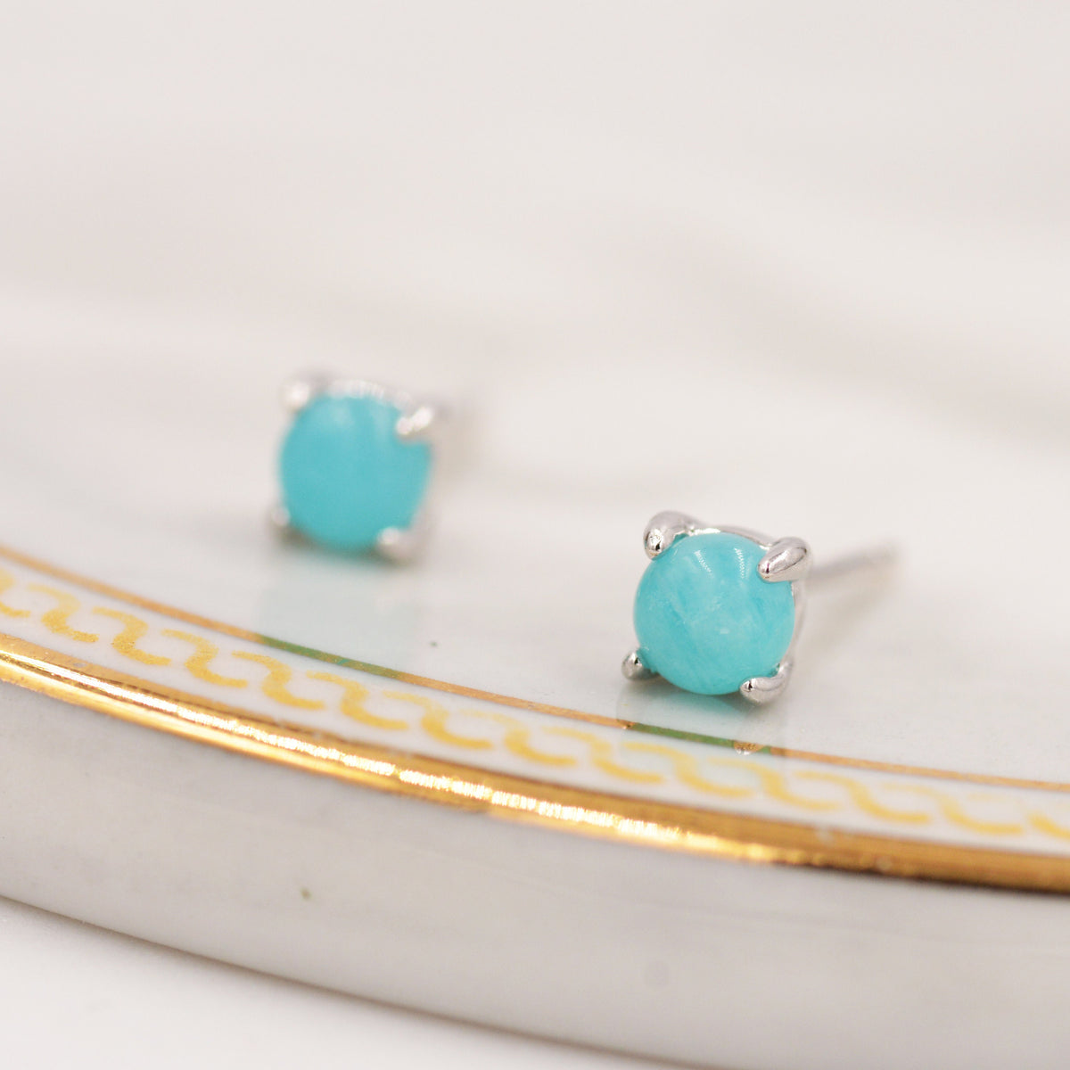 Sterling Silver Amazonite Stud Earrings, 4mm, Genuine tiny Amazonite Gemstone Stud, 4 Prongs, Minimalist Style