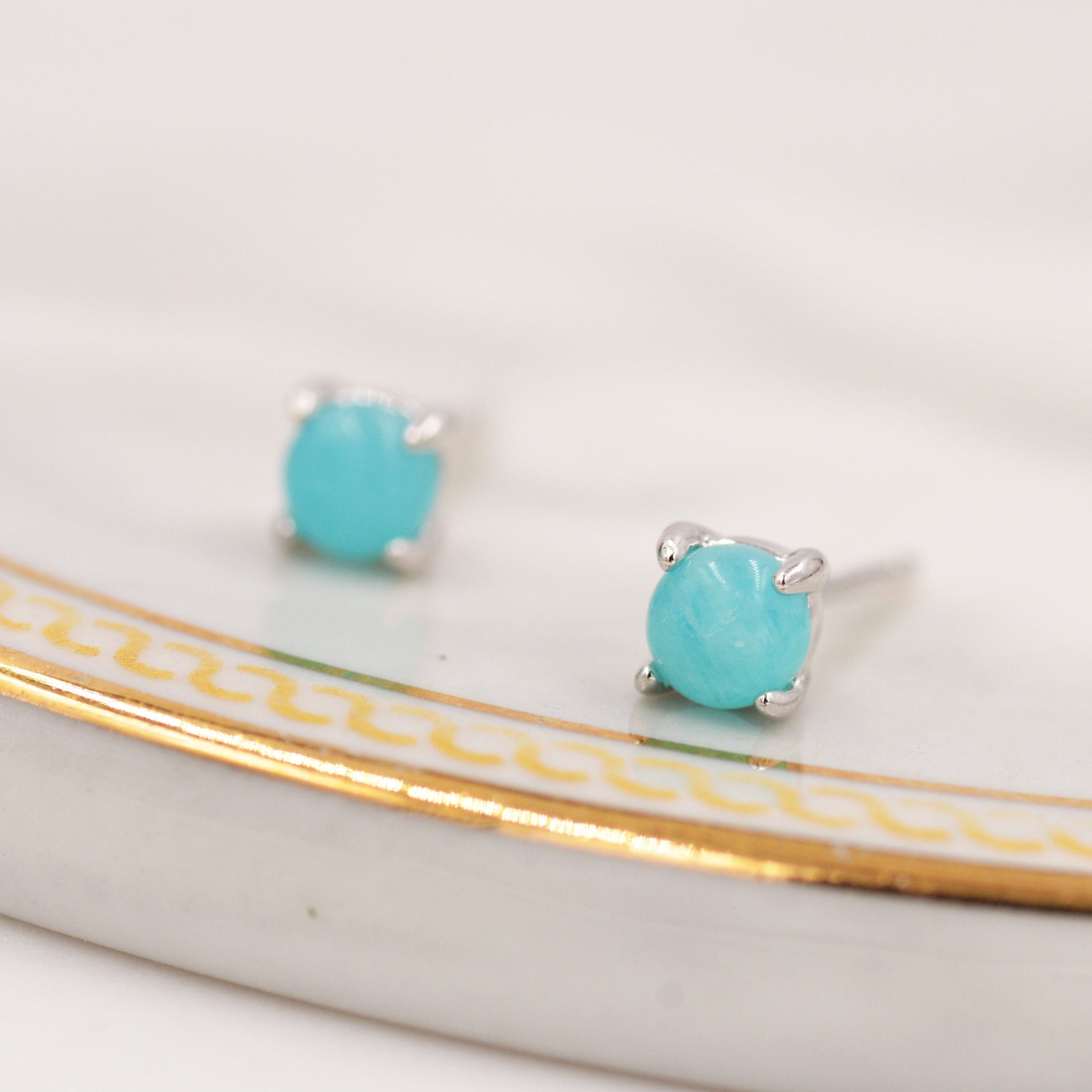 Sterling Silver Amazonite Stud Earrings, 4mm, Genuine tiny Amazonite Gemstone Stud, 4 Prongs, Minimalist Style