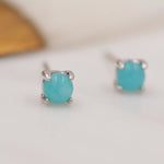 Sterling Silver Amazonite Stud Earrings, 4mm, Genuine tiny Amazonite Gemstone Stud, 4 Prongs, Minimalist Style