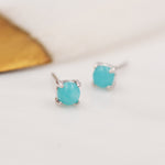 Sterling Silver Amazonite Stud Earrings, 4mm, Genuine tiny Amazonite Gemstone Stud, 4 Prongs, Minimalist Style