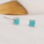 Sterling Silver Amazonite Stud Earrings, 4mm, Genuine tiny Amazonite Gemstone Stud, 4 Prongs, Minimalist Style