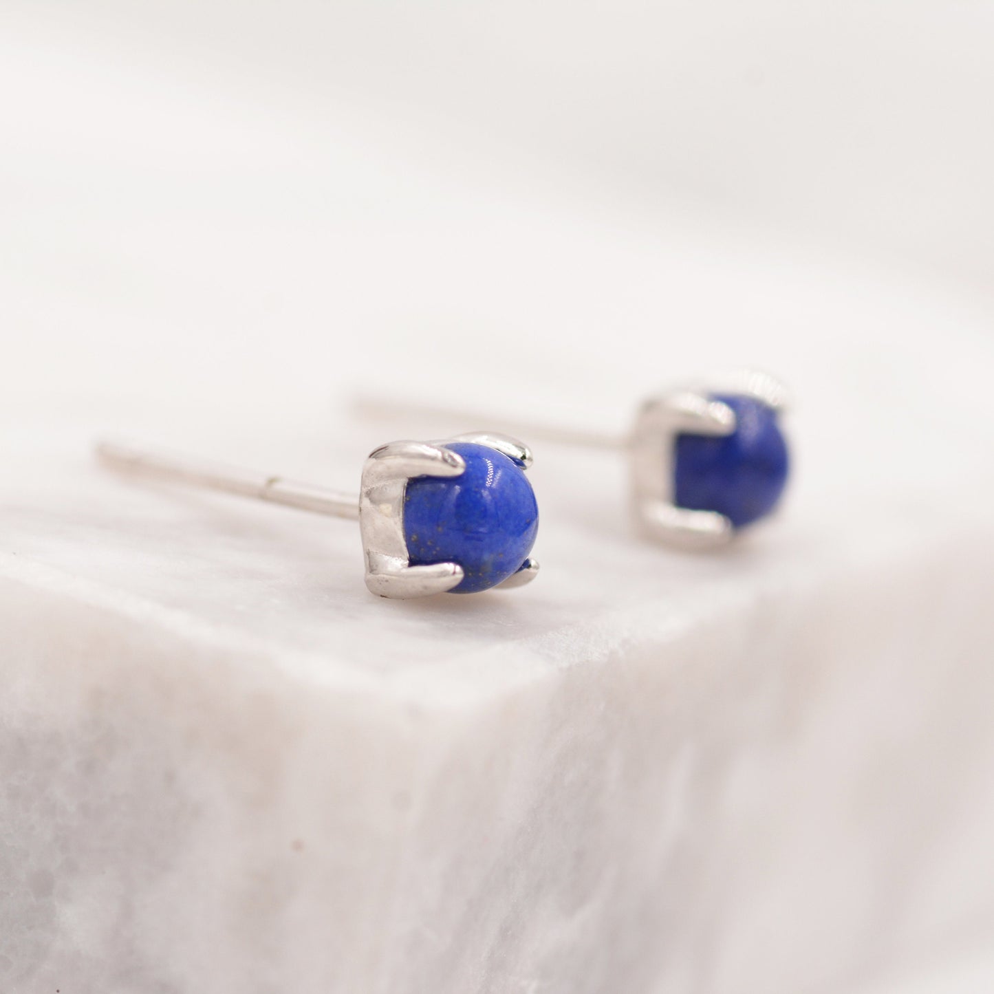 Sterling Silver Lapis Lazuli Stud Earrings, 4mm, Genuine Tiny Lapis Lazuli Gemstone Stud, 4 Prongs, Minimalist Style