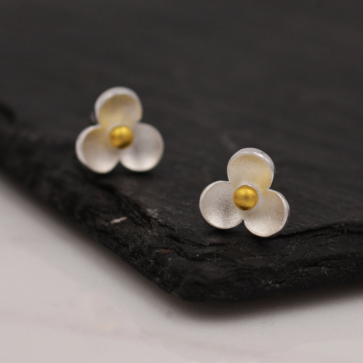 Flower stud earrings in Sterling Silver, Three Petal Flower Earrings, Blossom Stud, Nature Inspired