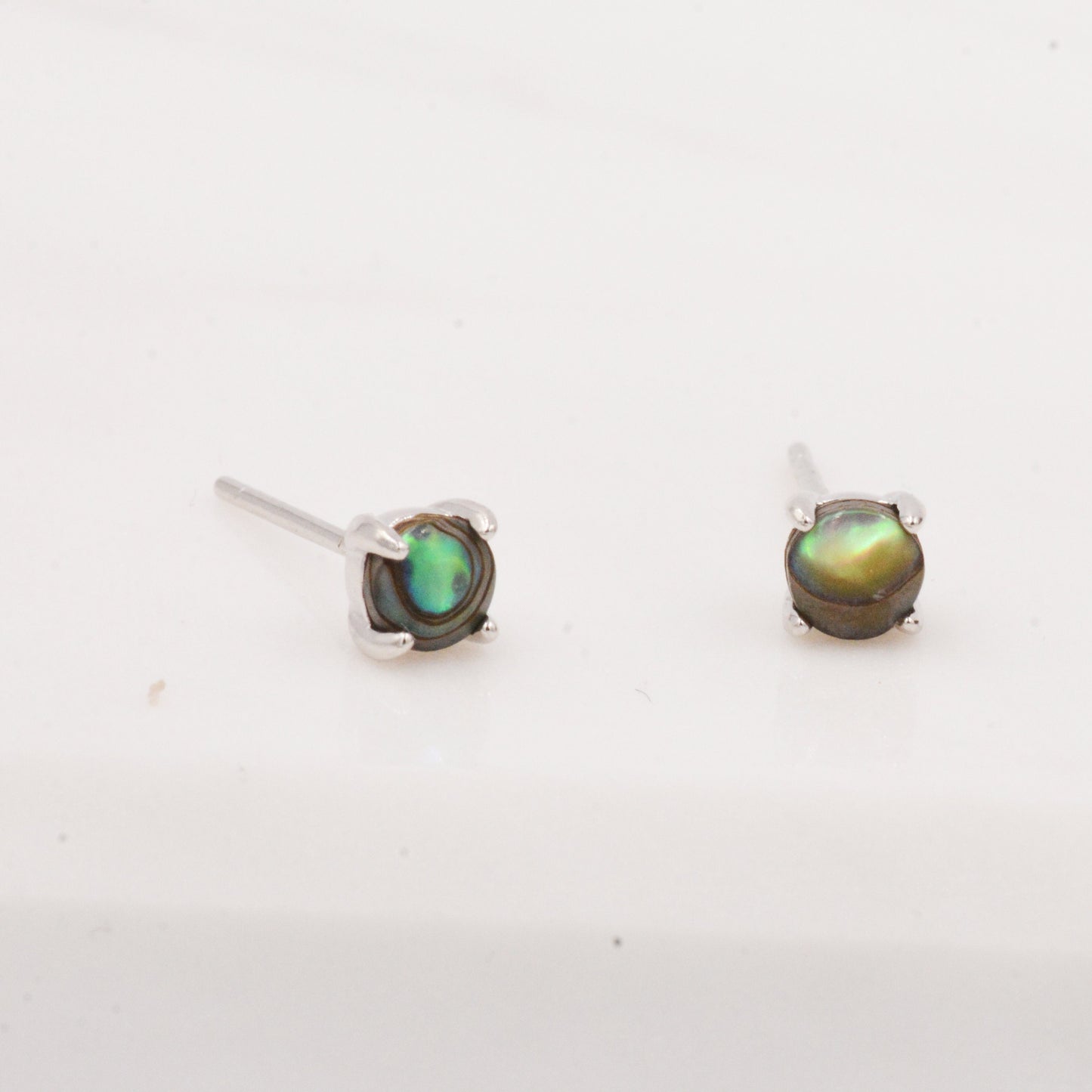 Sterling Silver Sea Abalone Paul Shell Stud Earrings, 4mm, Genuine Shell Gemstone Stud, 4 Prongs, Minimalist Style