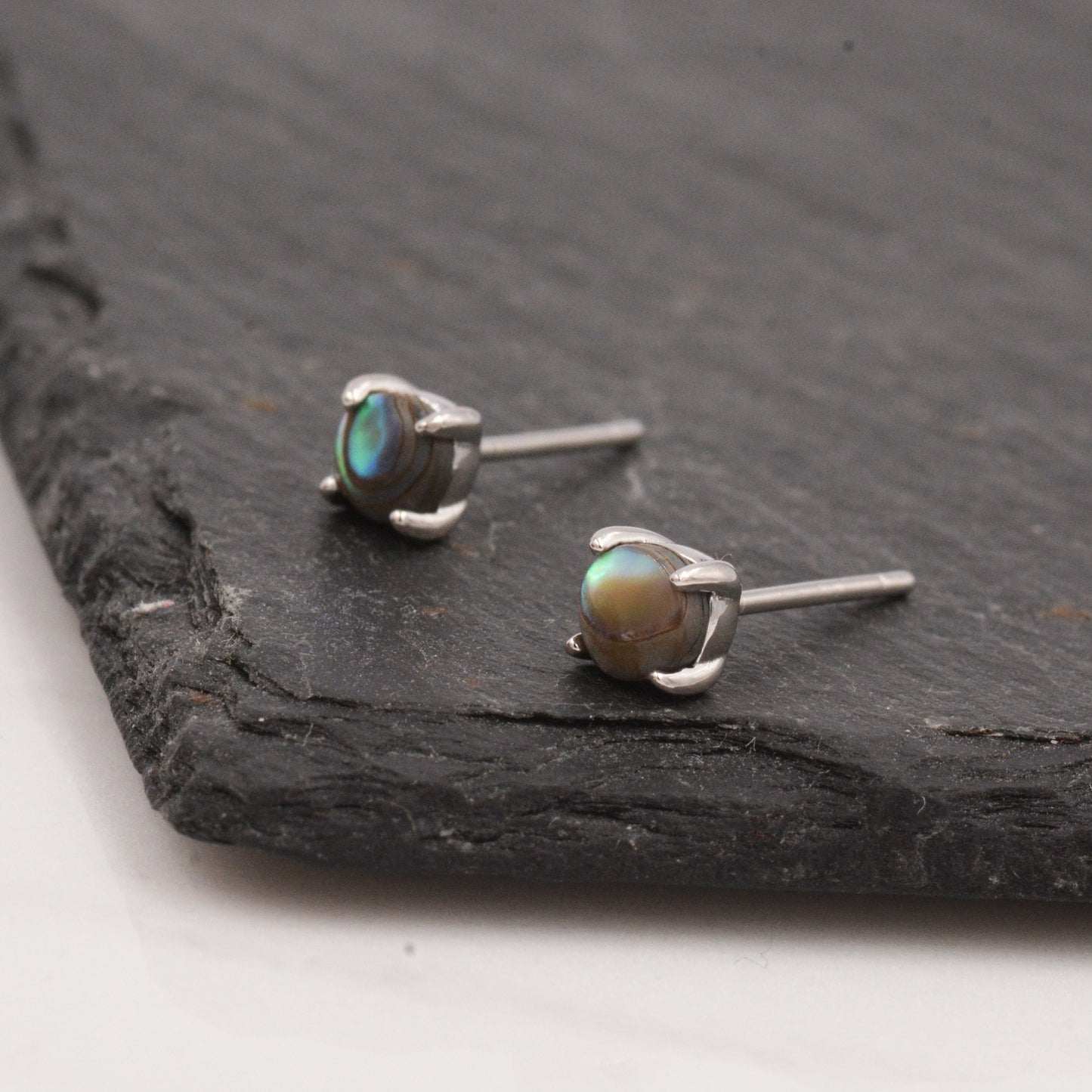 Sterling Silver Sea Abalone Paul Shell Stud Earrings, 4mm, Genuine Shell Gemstone Stud, 4 Prongs, Minimalist Style