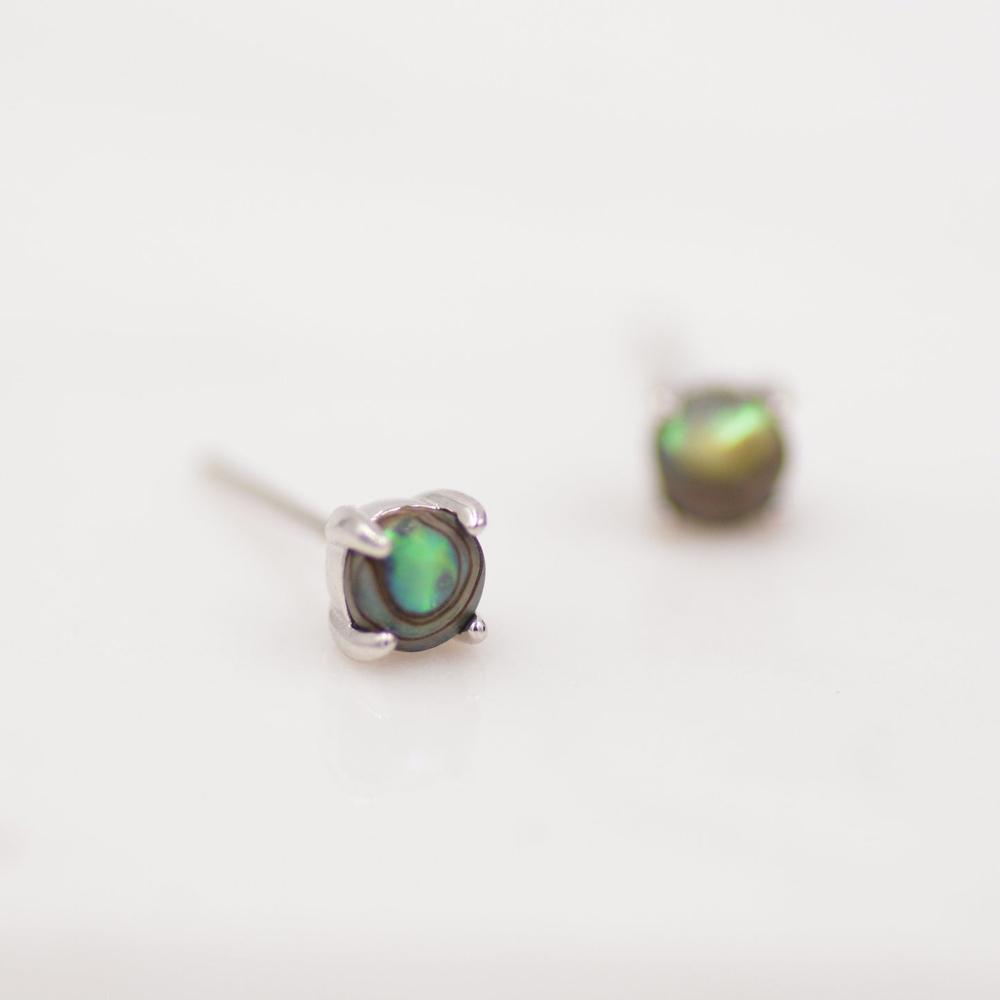 Sterling Silver Sea Abalone Paul Shell Stud Earrings, 4mm, Genuine Shell Gemstone Stud, 4 Prongs, Minimalist Style