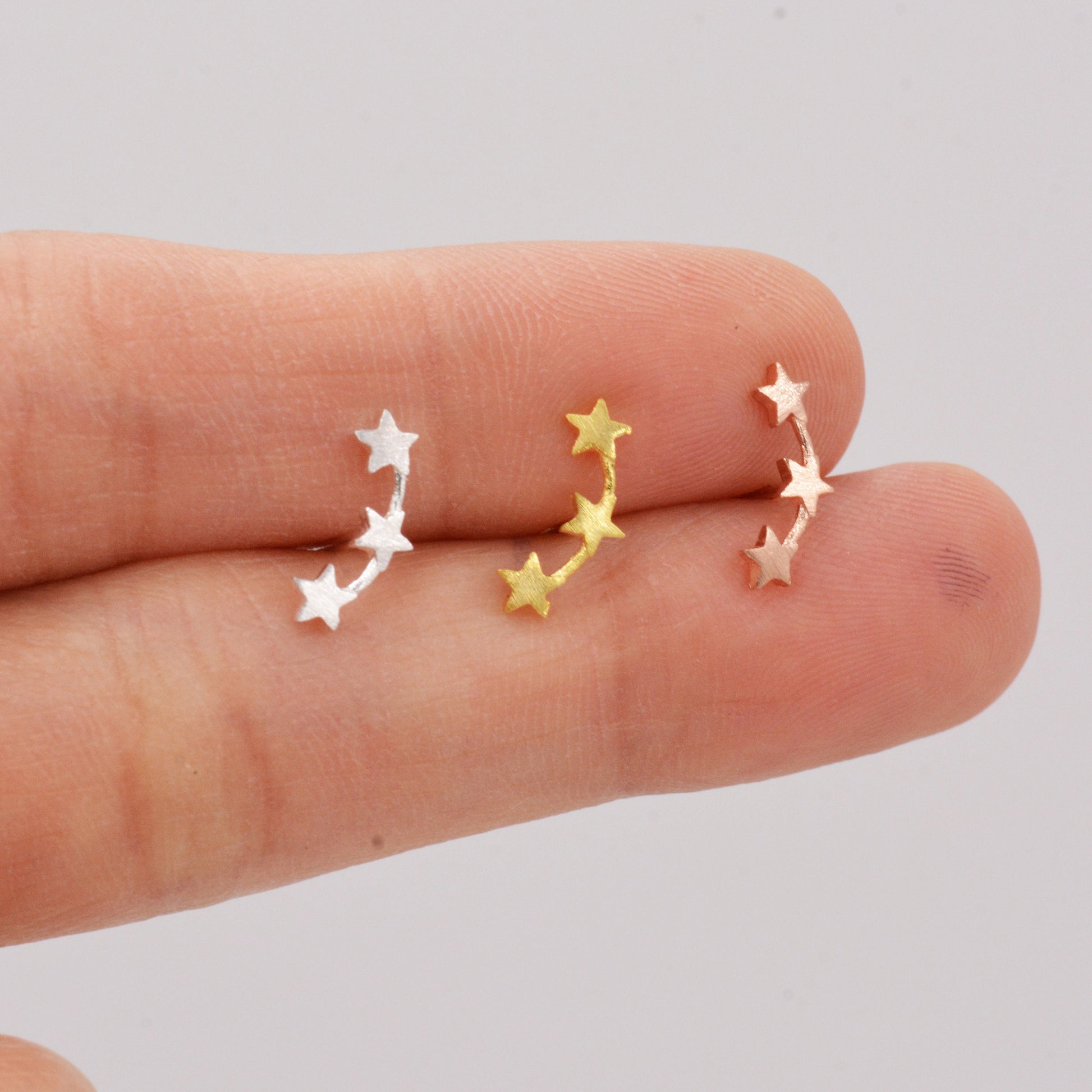 Tiny Star Trio Constellation Sterling Silver Dainty Stud Earrings, Available in Gold, Rose Gold and Silver, Tiny Star crawlers