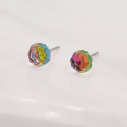 Colour Changing Faceted Ball Stud Earrings in Sterling Silver, Rainbow Colour Spectrum, aurora borealis Stud, Minimalist Ball Stud