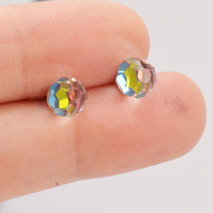 Colour Changing Faceted Ball Stud Earrings in Sterling Silver, Rainbow Colour Spectrum, aurora borealis Stud, Minimalist Ball Stud