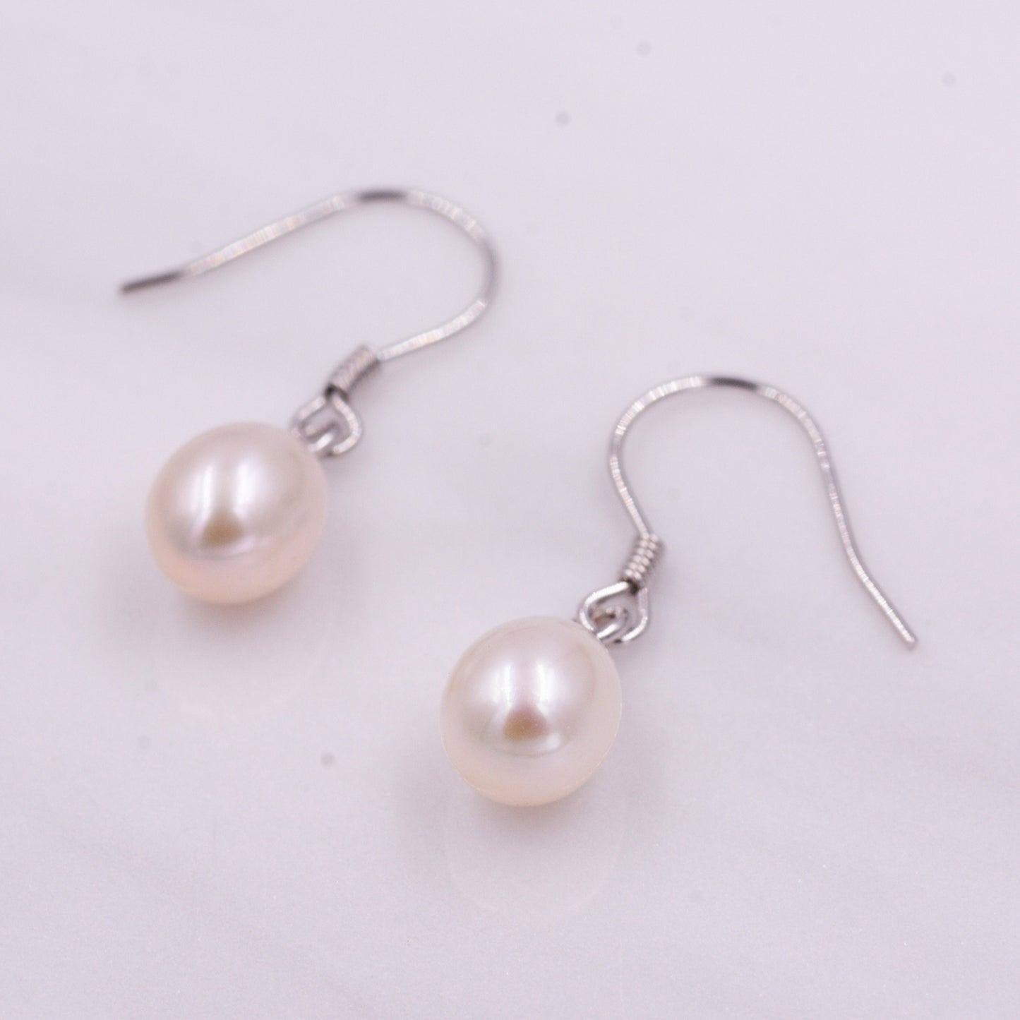 Freshwater Pearl Drop Hook Earrings in Sterling Silver, Genuine Oval Pearls, Real Pearl Drop Earrings