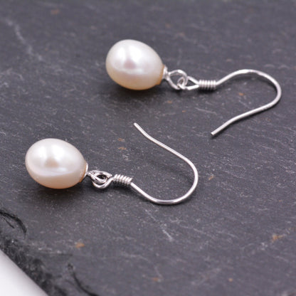 Freshwater Pearl Drop Hook Earrings in Sterling Silver, Genuine Oval Pearls, Real Pearl Drop Earrings