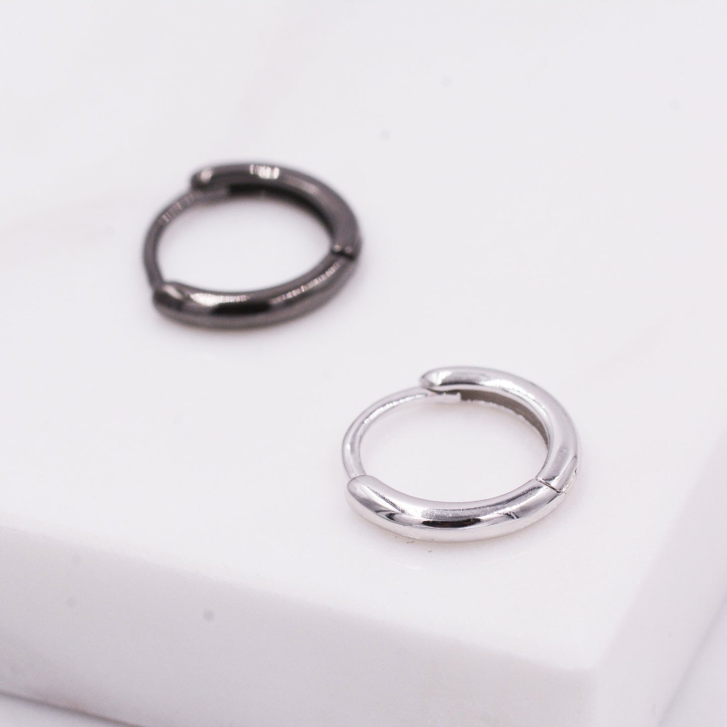 Plain Huggie Hoop in Sterling Silver, Polished Minimalist Hoop Earrings, Black Hoop Earrings, Two Sizes Available, Simple Circle Hoops