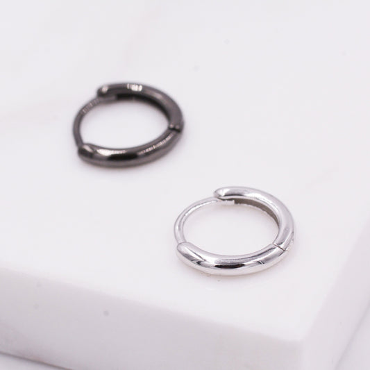 Plain Huggie Hoop in Sterling Silver, Polished Minimalist Hoop Earrings, Black Hoop Earrings,  Two Sizes Available, Simple Circle Hoops