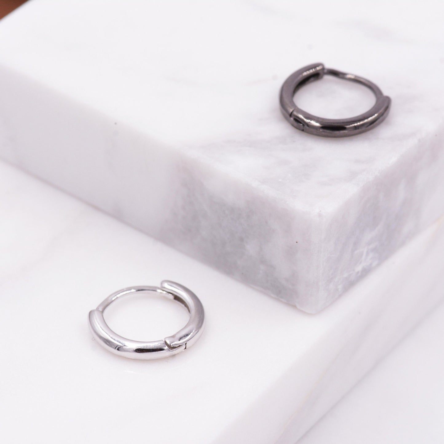 Plain Huggie Hoop in Sterling Silver, Polished Minimalist Hoop Earrings, Black Hoop Earrings, Two Sizes Available, Simple Circle Hoops