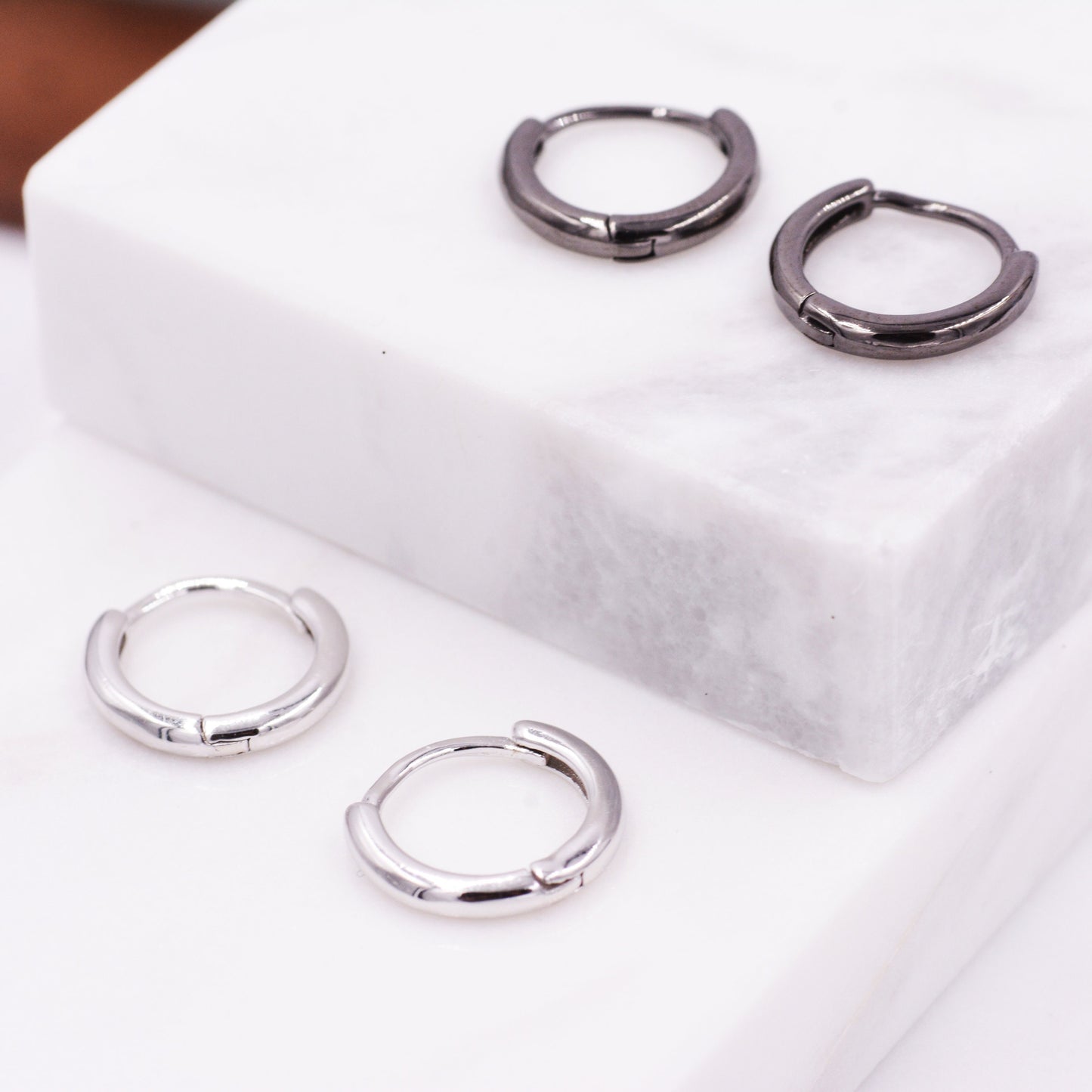 Plain Huggie Hoop in Sterling Silver, Polished Minimalist Hoop Earrings, Black Hoop Earrings, Two Sizes Available, Simple Circle Hoops