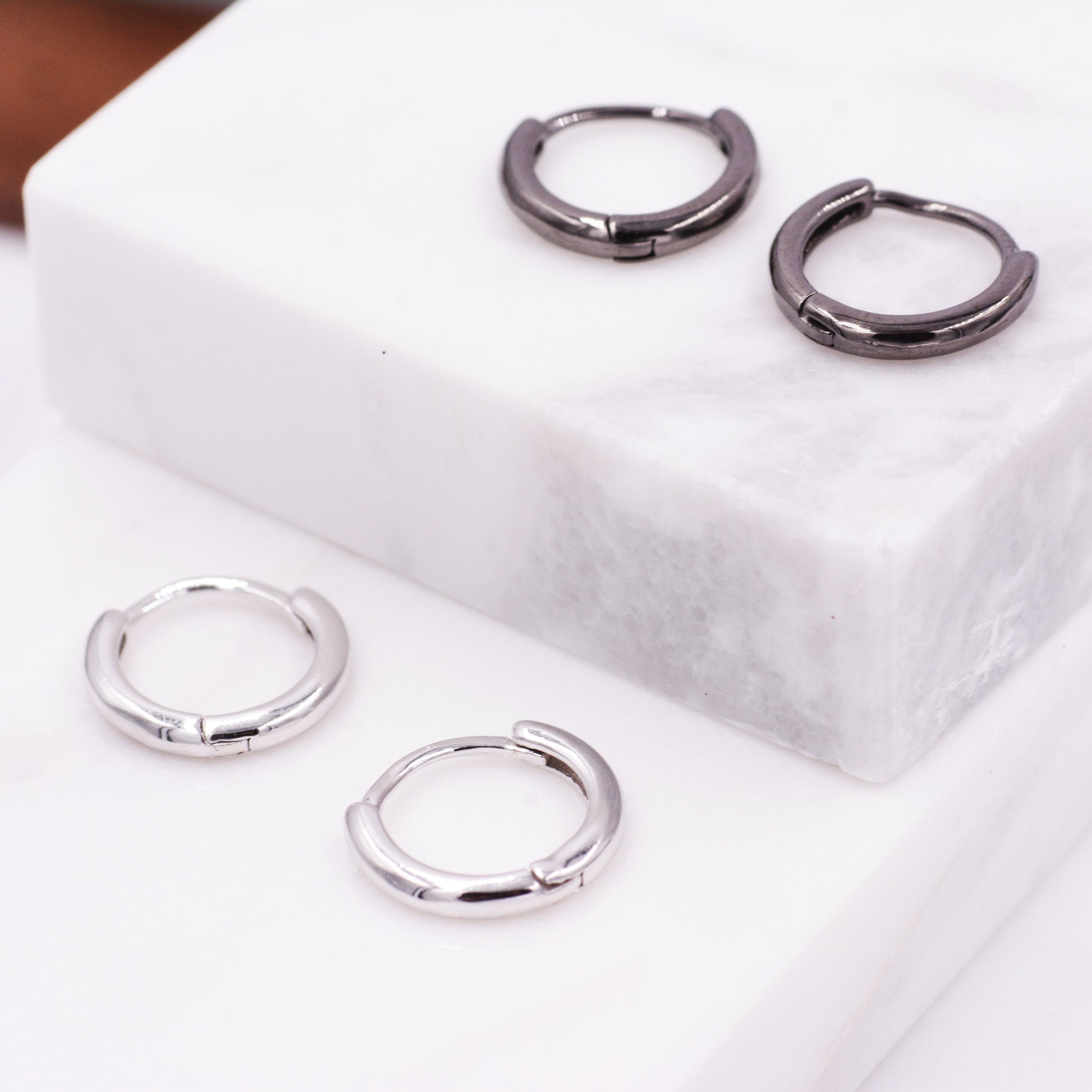 Plain Huggie Hoop in Sterling Silver, Polished Minimalist Hoop Earrings, Black Hoop Earrings, Two Sizes Available, Simple Circle Hoops