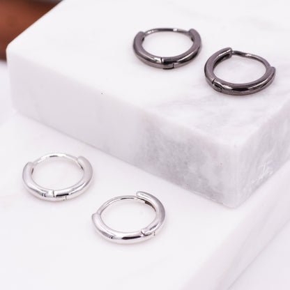 Plain Huggie Hoop in Sterling Silver, Polished Minimalist Hoop Earrings, Black Hoop Earrings, Two Sizes Available, Simple Circle Hoops