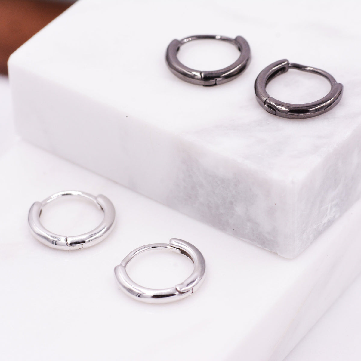 Plain Huggie Hoop in Sterling Silver, Polished Minimalist Hoop Earrings, Black Hoop Earrings, Two Sizes Available, Simple Circle Hoops