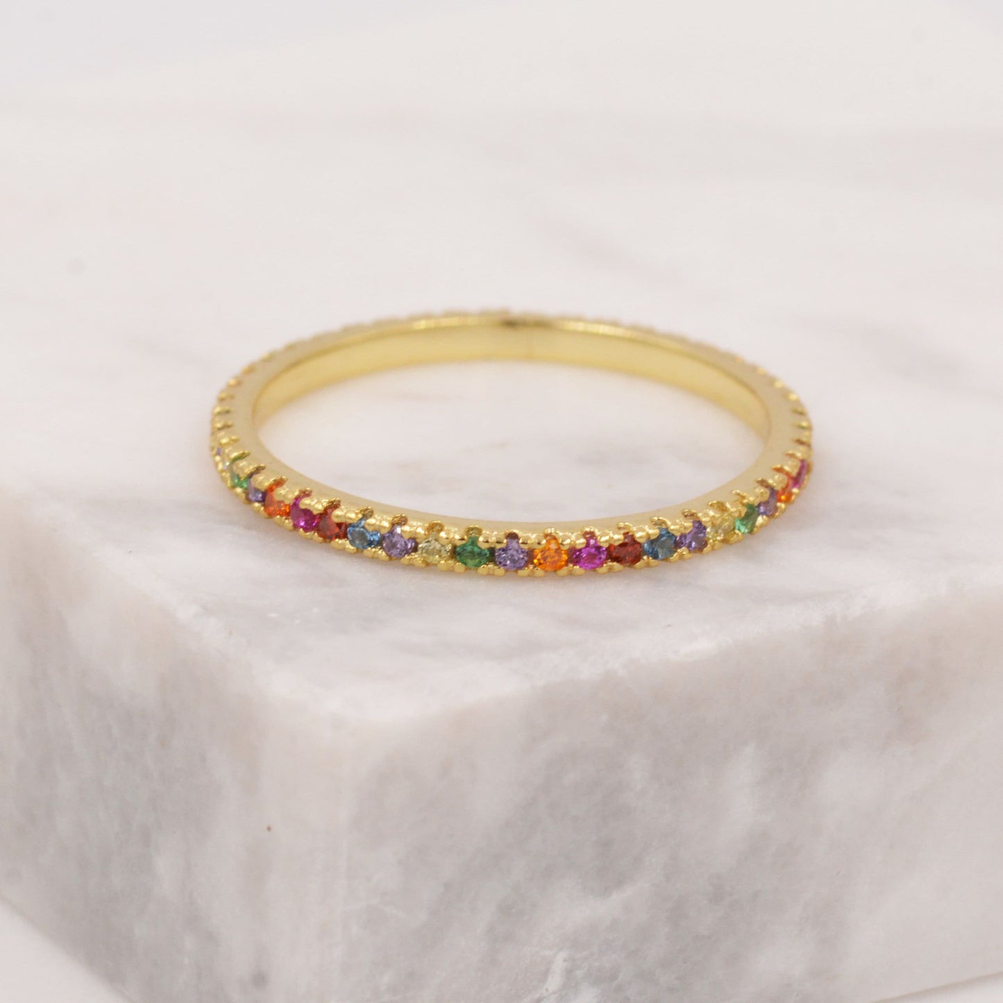 Skinny Rainbow Crystal Pave Ring in Sterling Silver, Gold Vermeil Crystal Pave Ring, Stacking Rings, Eternity Ring, US 5 - 8