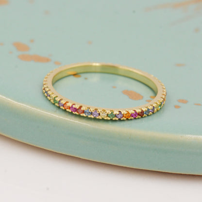 Skinny Rainbow Crystal Pave Ring in Sterling Silver, Gold Vermeil Crystal Pave Ring, Stacking Rings, Eternity Ring, US 5 - 8