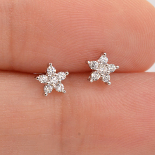 Sparkly Forget-me-not Flower Tiny Stud Earrings in Sterling Silver with CZ Crystals, Extra Tiny, Nature Inspired Design, Delicate and Pretty