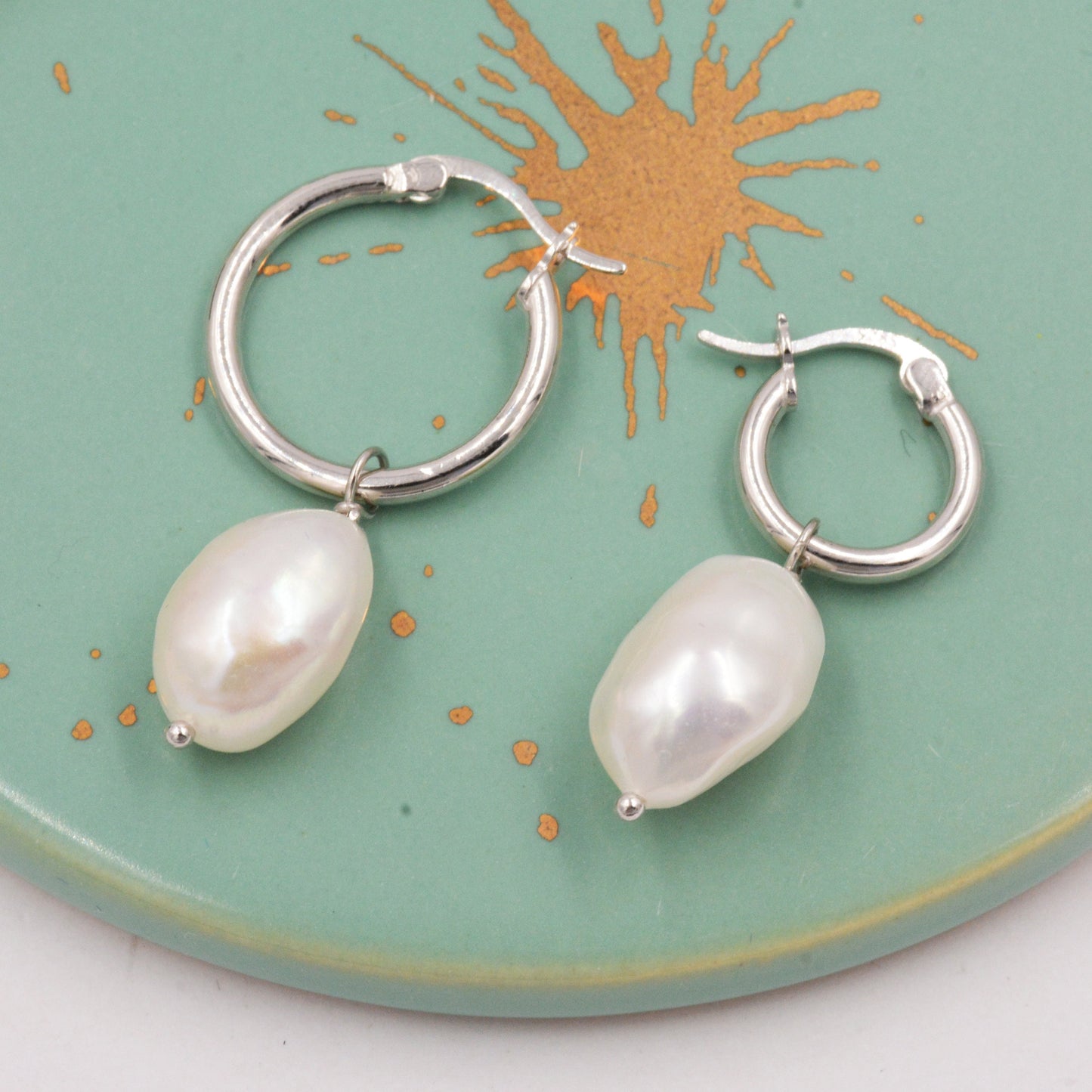 Pair of Plain Huggie Hoop Earrings in Sterling Silver with Detachable Baroque Pearl Charms, Two Sizes Available, Simple Hoop Earrings