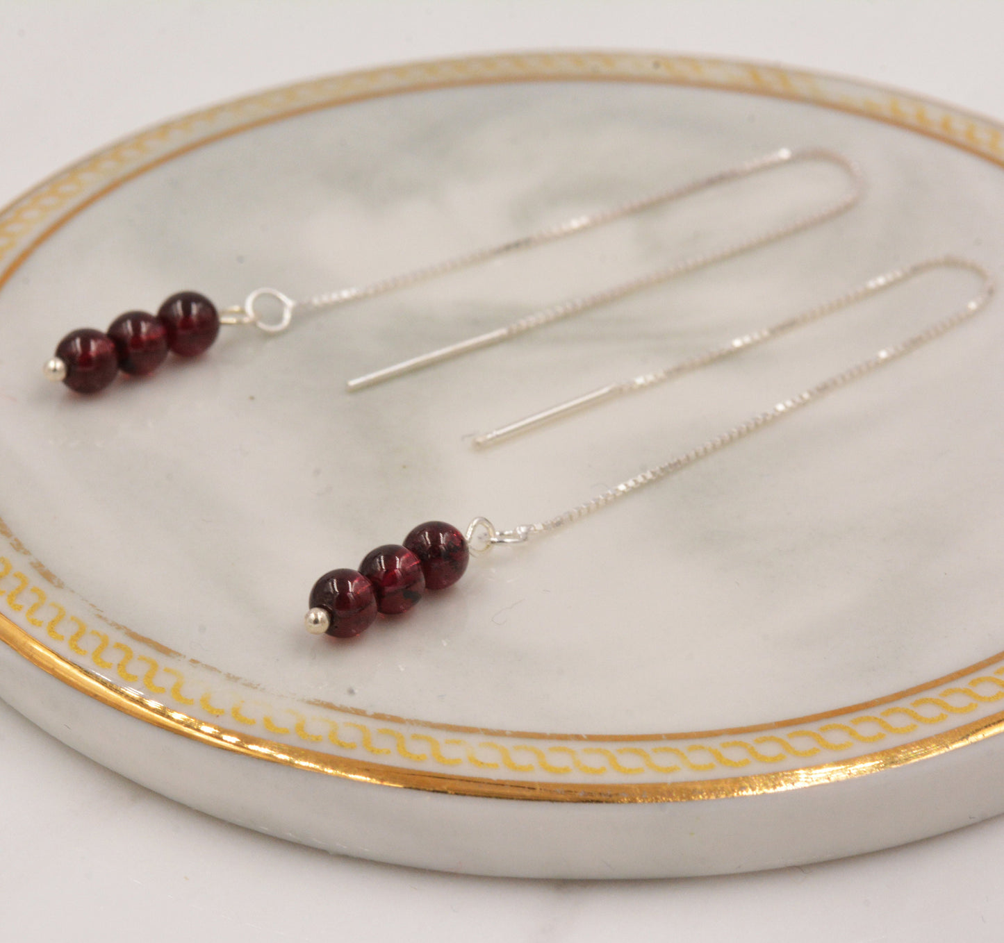 Genuine Garnet Gemstone Ear Threaders in Sterling Silver, Three Beads Threader Earrings, Ear Jacket. Dark Red Garnet Crystals